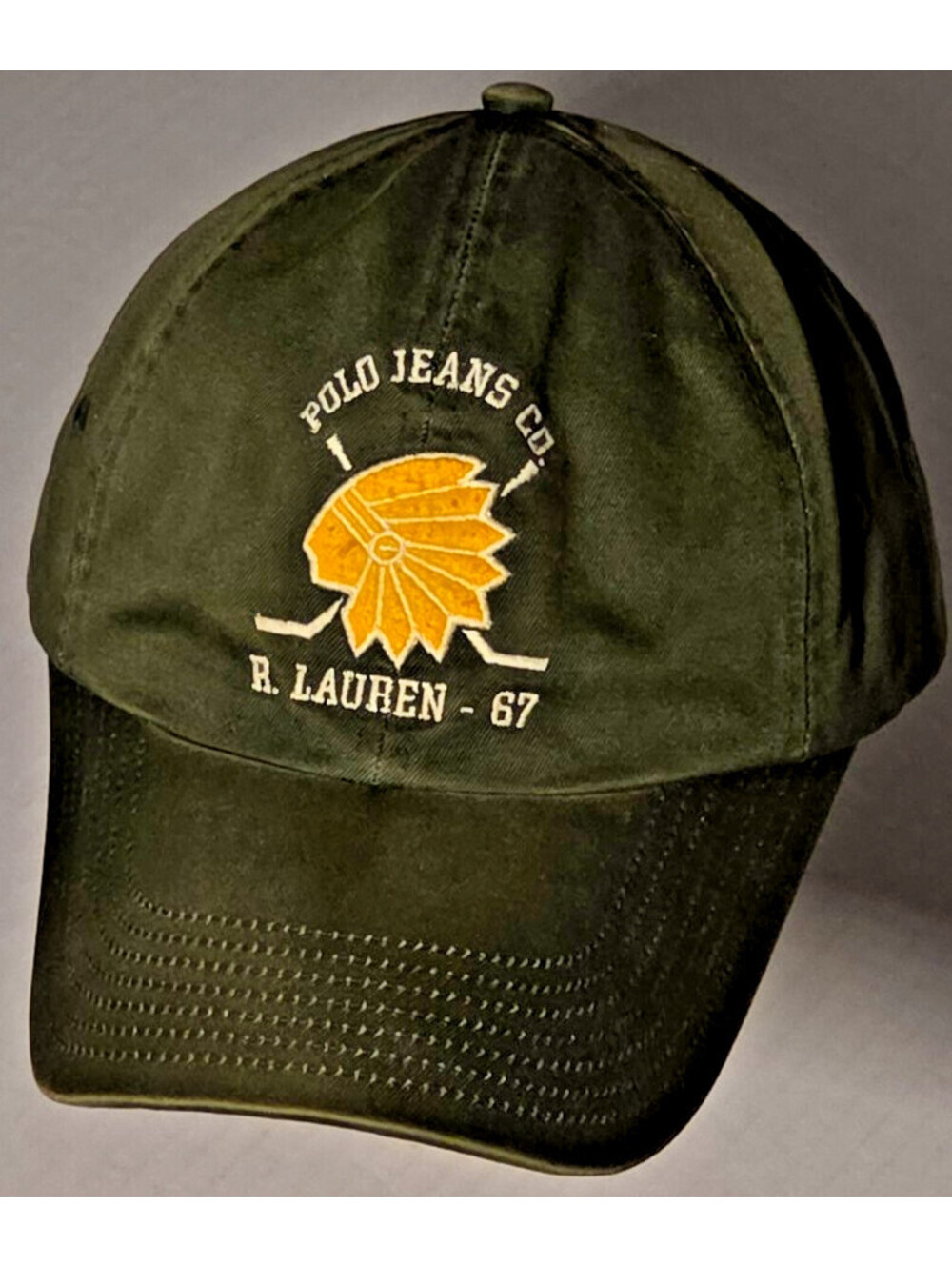 Vintage Polo Jeans Co Ralph Lauren Indian Head Hat Olive Strapback Cap 67